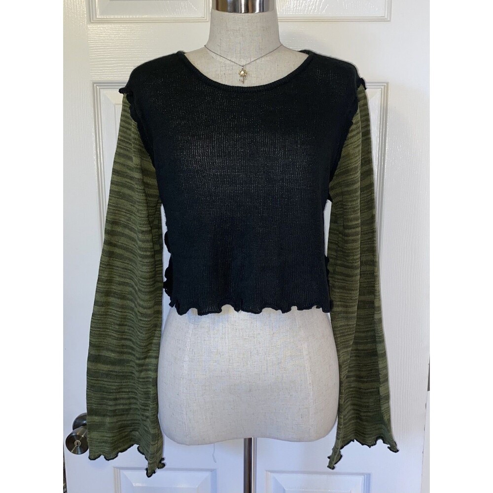 LELIS Black & Green Colorblock Knit Crew Neck Lightweight Crop Top Grunge Large